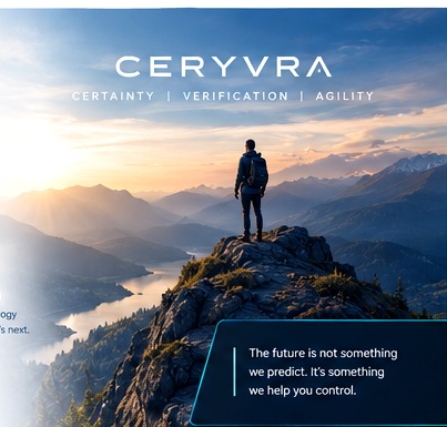 A future-facing business leader overlooking a sunrise mountain landscape
