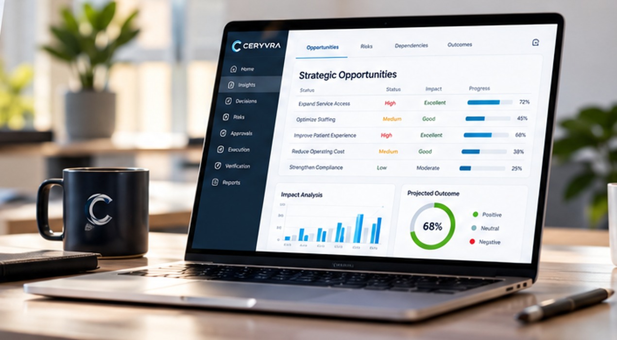 Enterprise analytics workspace displaying operational intelligence and decision outcomes