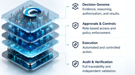 Layered enterprise technology architecture showing evidence governance and verification